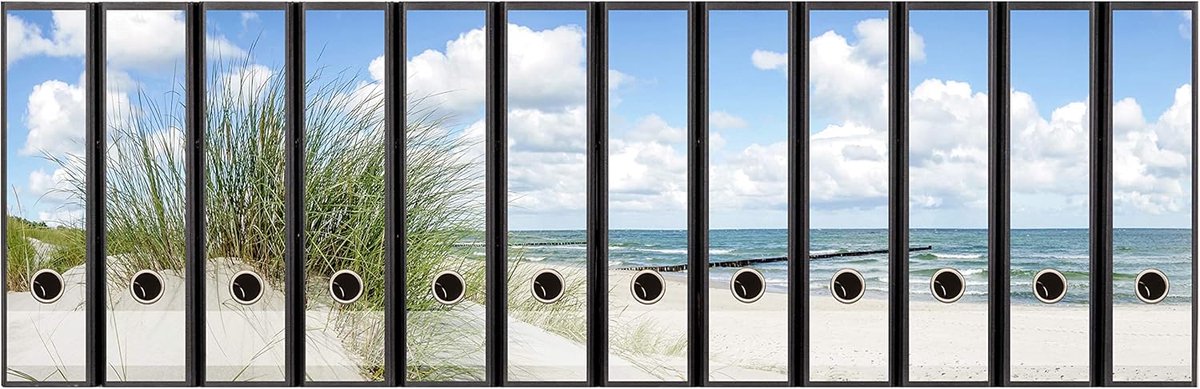 ordnerrug | Etiketten set voor 12 brede mappen | gestanst met grijpgat | rugschild breed | motief duin strand en zee