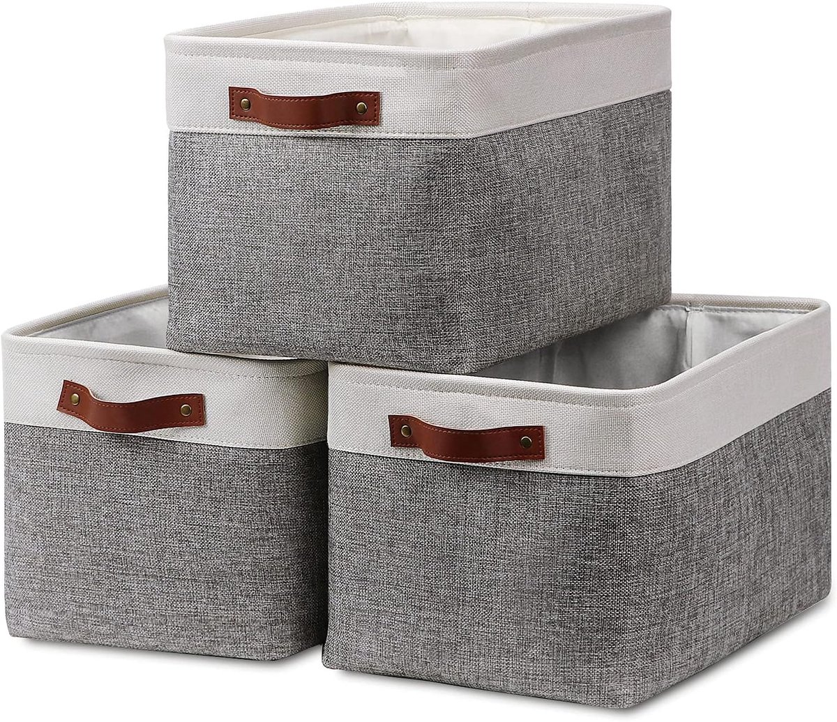 opbergmanden voor planken (3-pack) grote opvouwbare opbergmanden voor organiseren, decoratieve manden bakken set met handgrepen voor kast, kleding, speelgoed, thuis (wit en grijs, 38 x 28 x 24 cm)