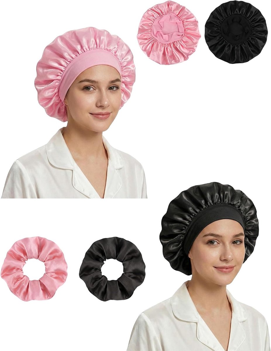 Slaapmuts Dames Set - 2 Stuks Zijden Bonnet met 2 Scrunchies - Nachtmuts voor Krullen & Anti-Pluis Haarverzorging - Zachte Sleep Cap met Elastische Band - Zwart & Roze