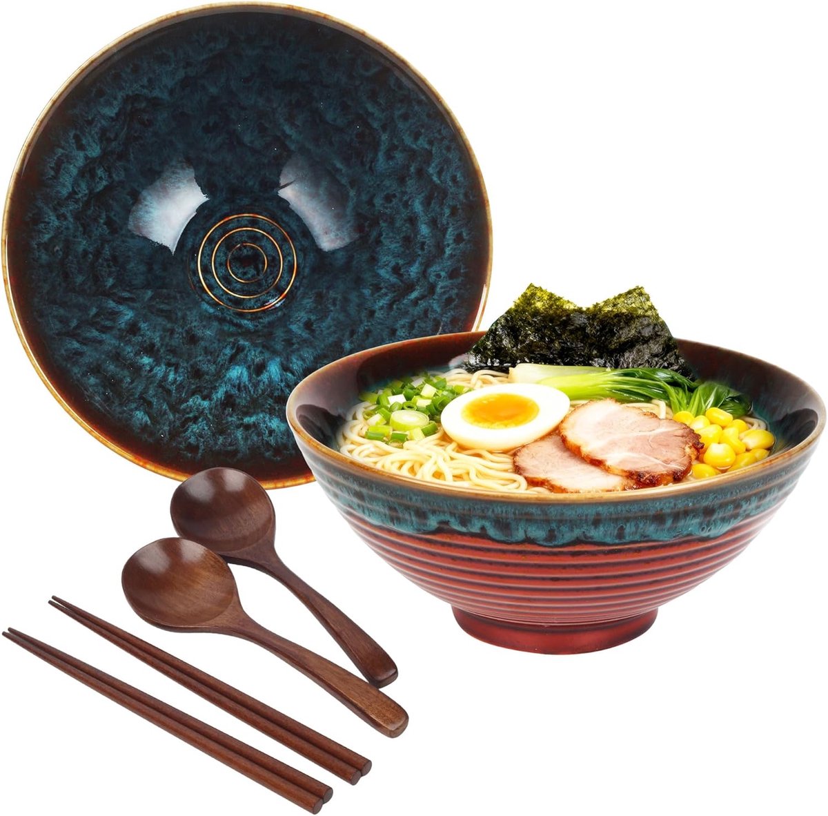 2 x 1200ml Ramen Kom Set van Keramiek met Eetstokjes en Lepels, 20 cm Grote Soepkom voor Noedels, Japanse Ramen Schaal, Aziatische Ramen Bowl, Kommenset voor Pho, Udon, Grote Ramen Schalen