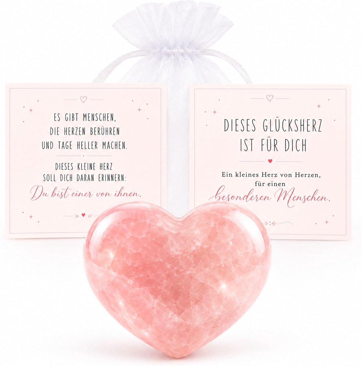 Rozenkwarts hart met kaart in organza zakje, liefdevol cadeau voor speciale mensen of moeders (speciale mensen)