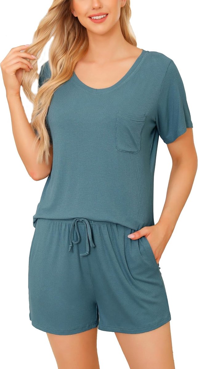 Pyjama-set voor dames, zomerse pyjamasets voor dames, V-hals, 2-delig bovendeel en shorts voor loungewear, nachtkleding met zakken
