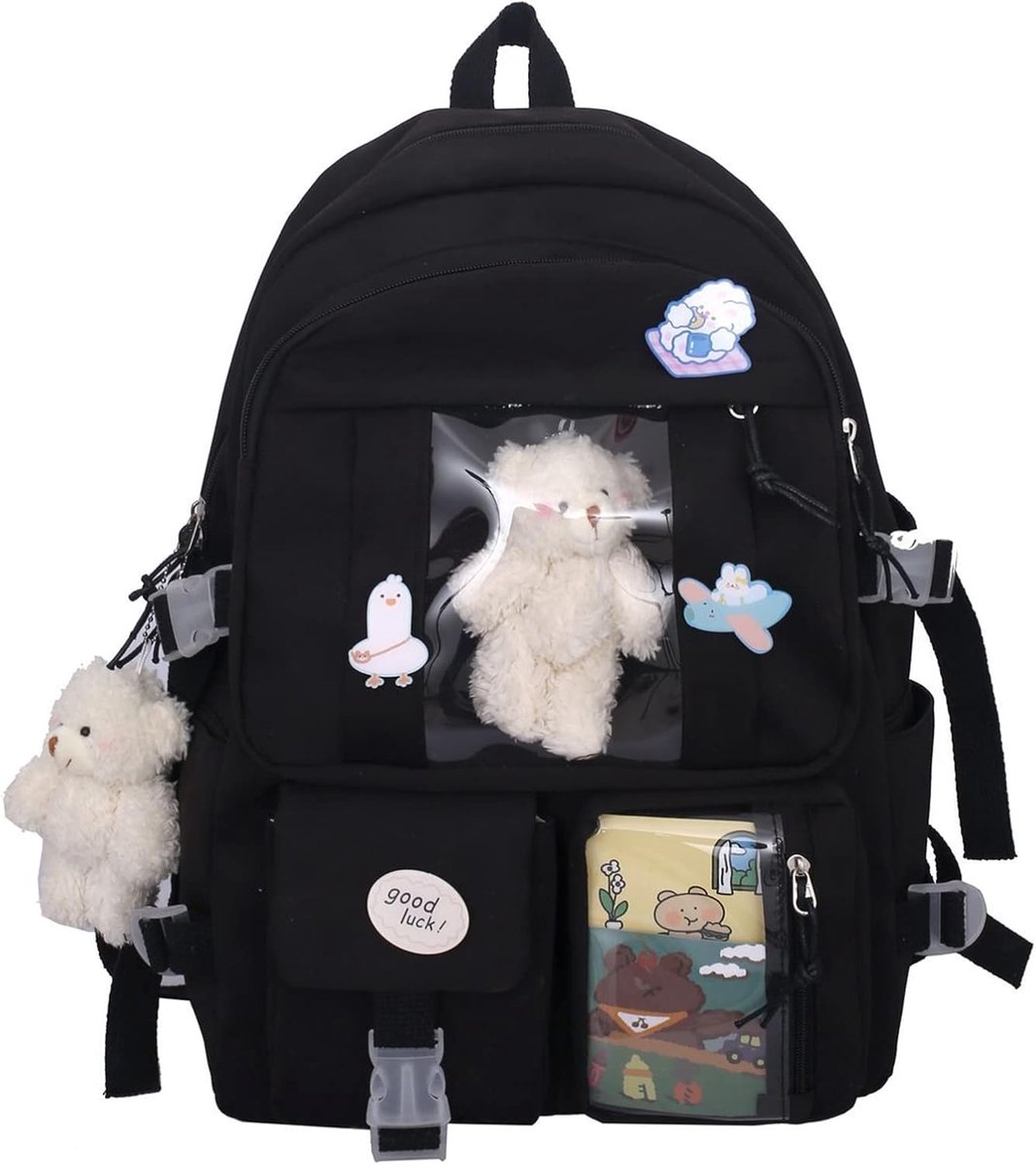 schoolrugzak voor meisjes, schattige esthetische rugzak, schoolboekentas met pin en accessoires, Zwart, Eén maat