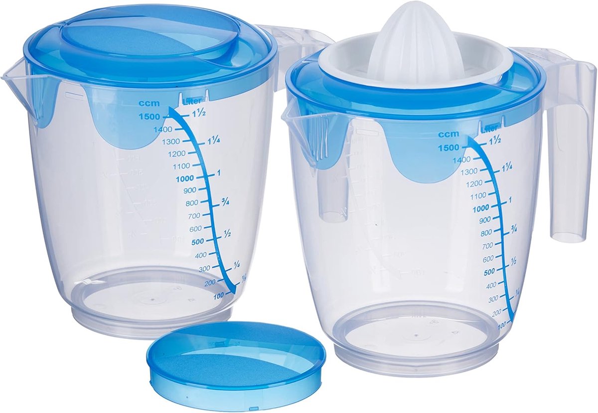 SnelShoppen - Set van 2 blauwe maatbekers 1,5 tot 1 liter met CCM-deksel en menggat + citruspers in Oostenrijkse kwaliteit voor keuken, feest en campi
