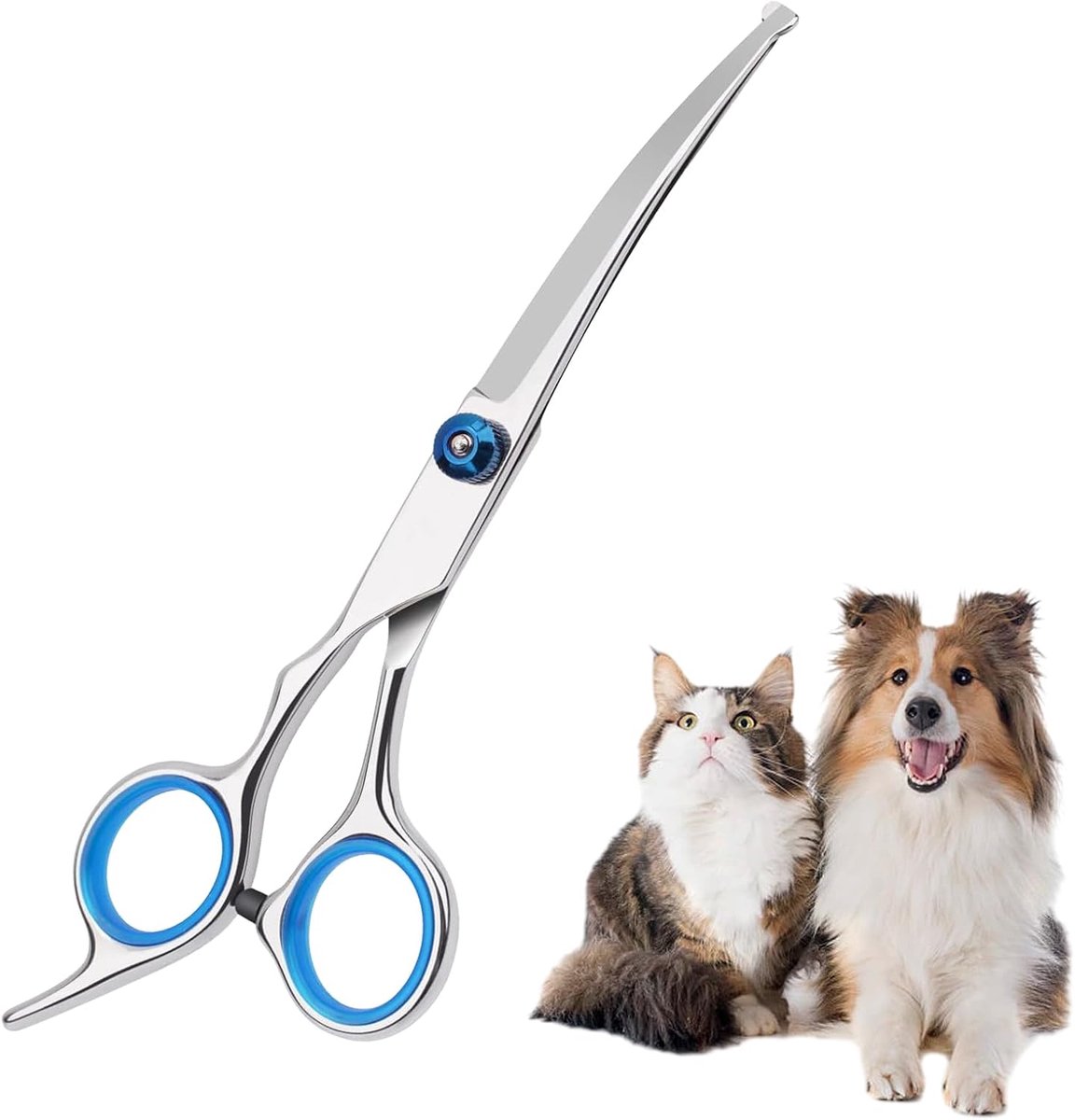 vachtschaar, hondenschaar, hondenharen knippen, veiligheidsschaar met ronde punt, verzorgschaar van roestvrij staal voor honden en katten (blauwe gebogen schaar)