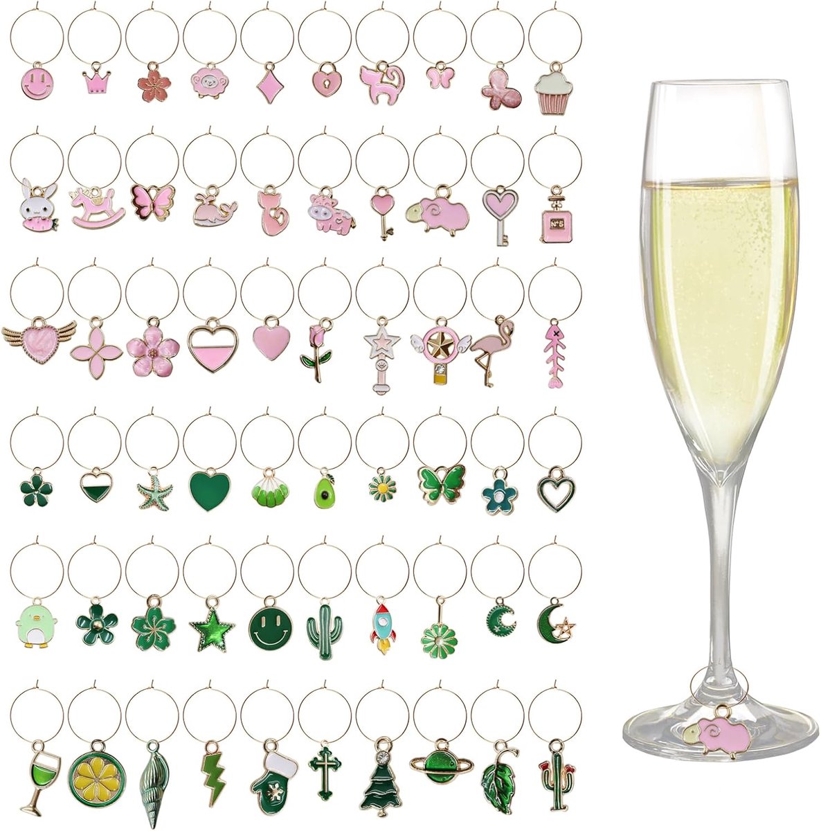 Wijnglas-bedels voor de glasstengel, glazen wijnglas-bedels, drankjes-identificatielabels, wijnglas-labels voor de glasstengel, feestdecoraties, 60 stuks, Zink