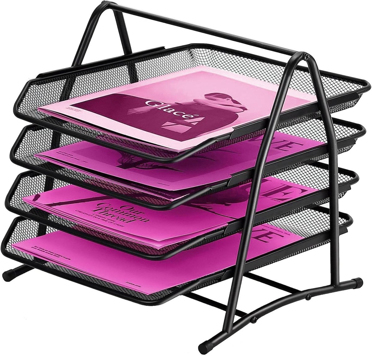 Brievenbakje met 4 niveaus van metalen rooster, bureau-organizer van metaal voor kantoor, school en thuis