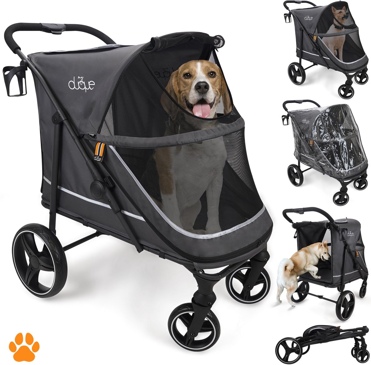 SnelShoppen - XL Grote Hondenbuggy - Inklapbare Huisdier Wandelwagen met Regenhoes, Bekerhouder en Opslag - Ruime Reiswagen voor Huisdieren - Max. Bel