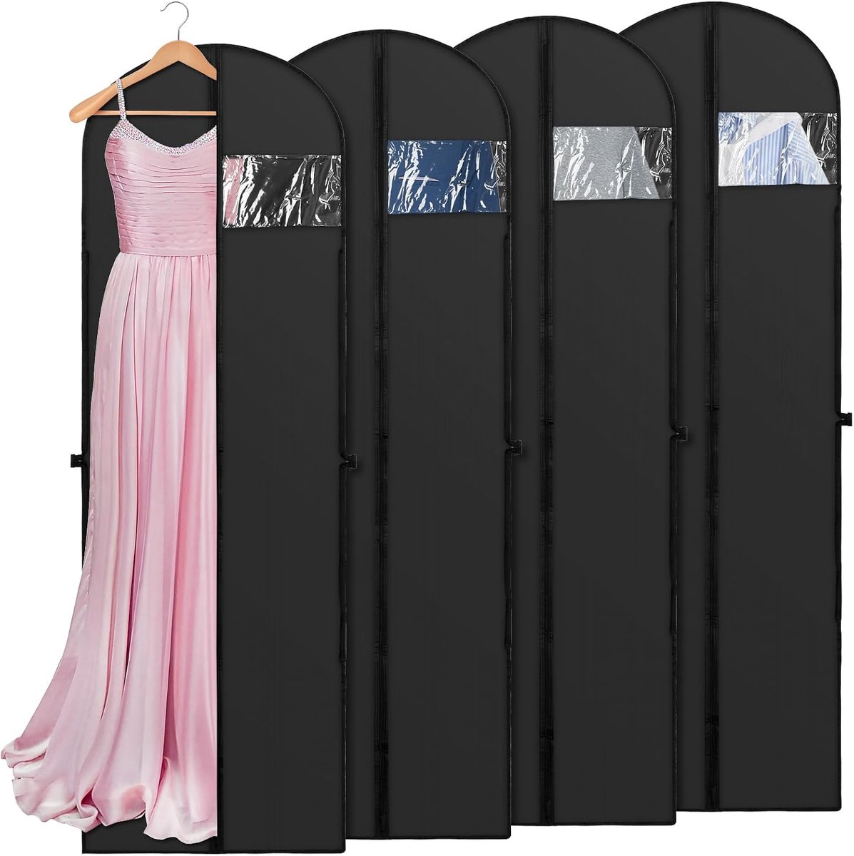 2/4 stuks lange jurk tassen hoezen, 180 × 60 cm stofdichte kleding covers beschermer zakken, jurk covers kledingstuk zakken mot proof kledingstuk met rits (zwart, 4 stuks)