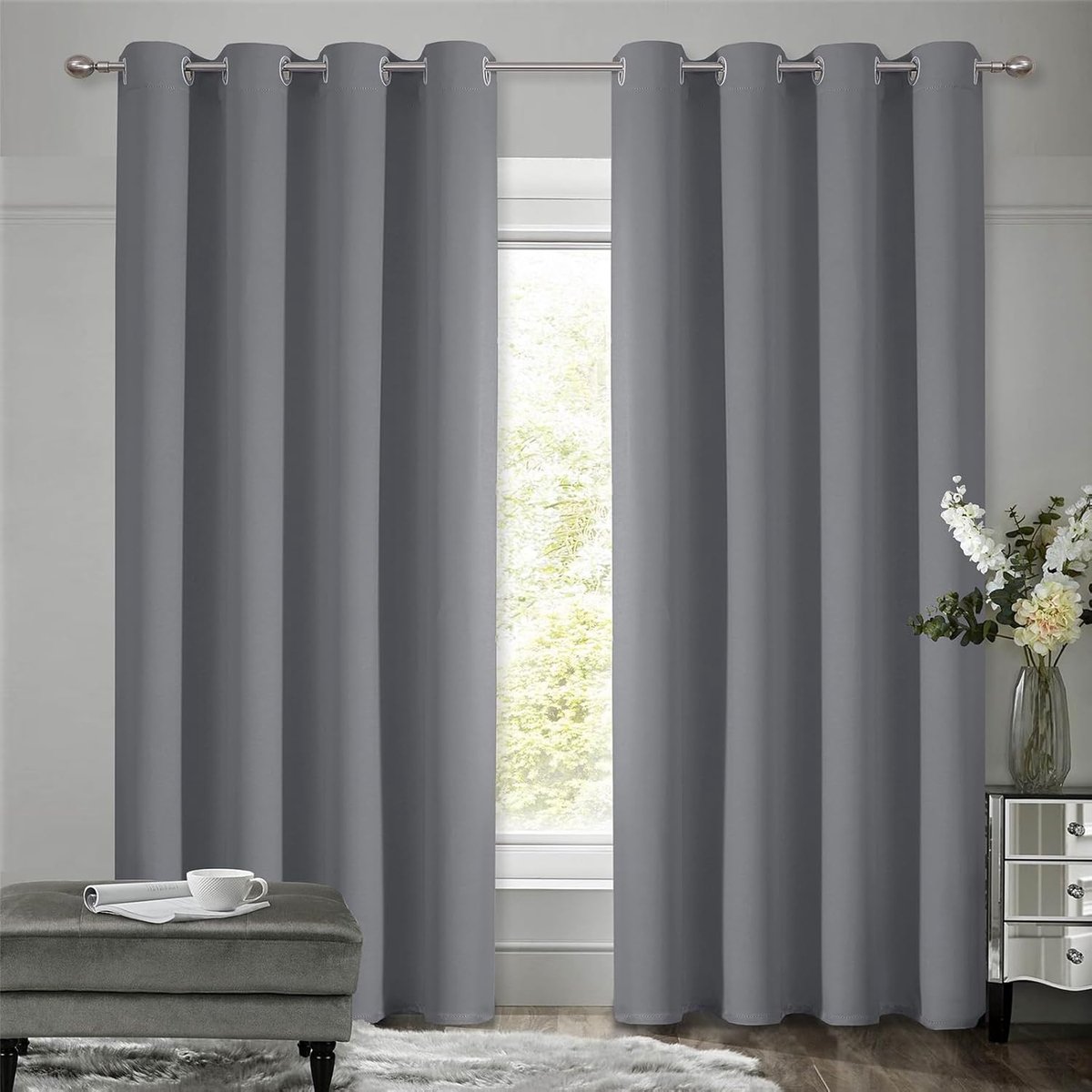 Koudebescherming Geluidsisolatie, Gordijnen met inslagringen Woonkamer, Geluidsbescherming Kamerscheiding Gordijn Thermo Gordijn tegen Koude, H 229 x B 140 cm, Grijs, Set van 2