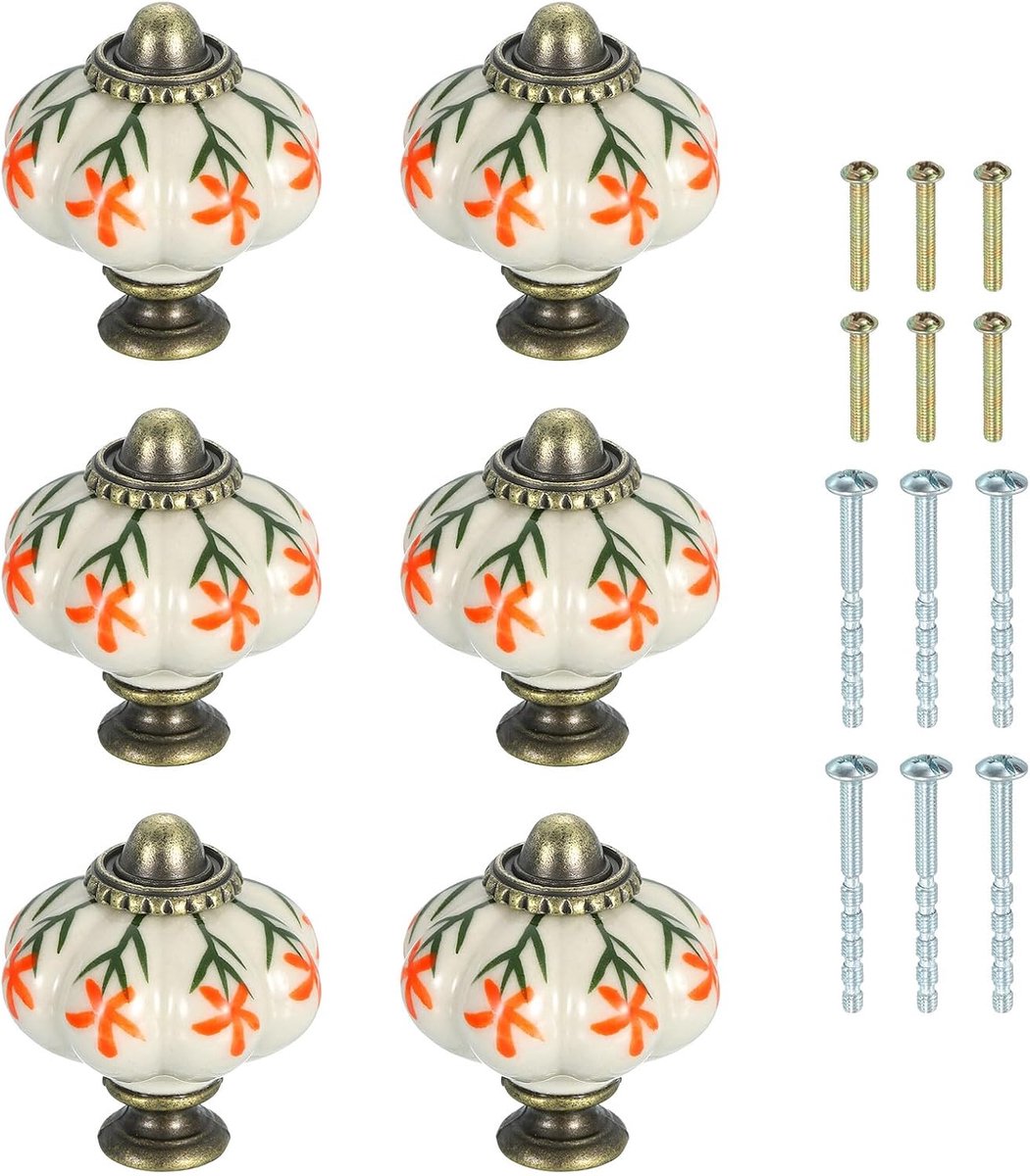 6 stuks keramische knoppen, 35 mm pompoen kastknop ladegreep, vintage ladeknoppen met schroeven voor kaptafel, slaapkamer, meubels, kast, veelkleurige bloemen