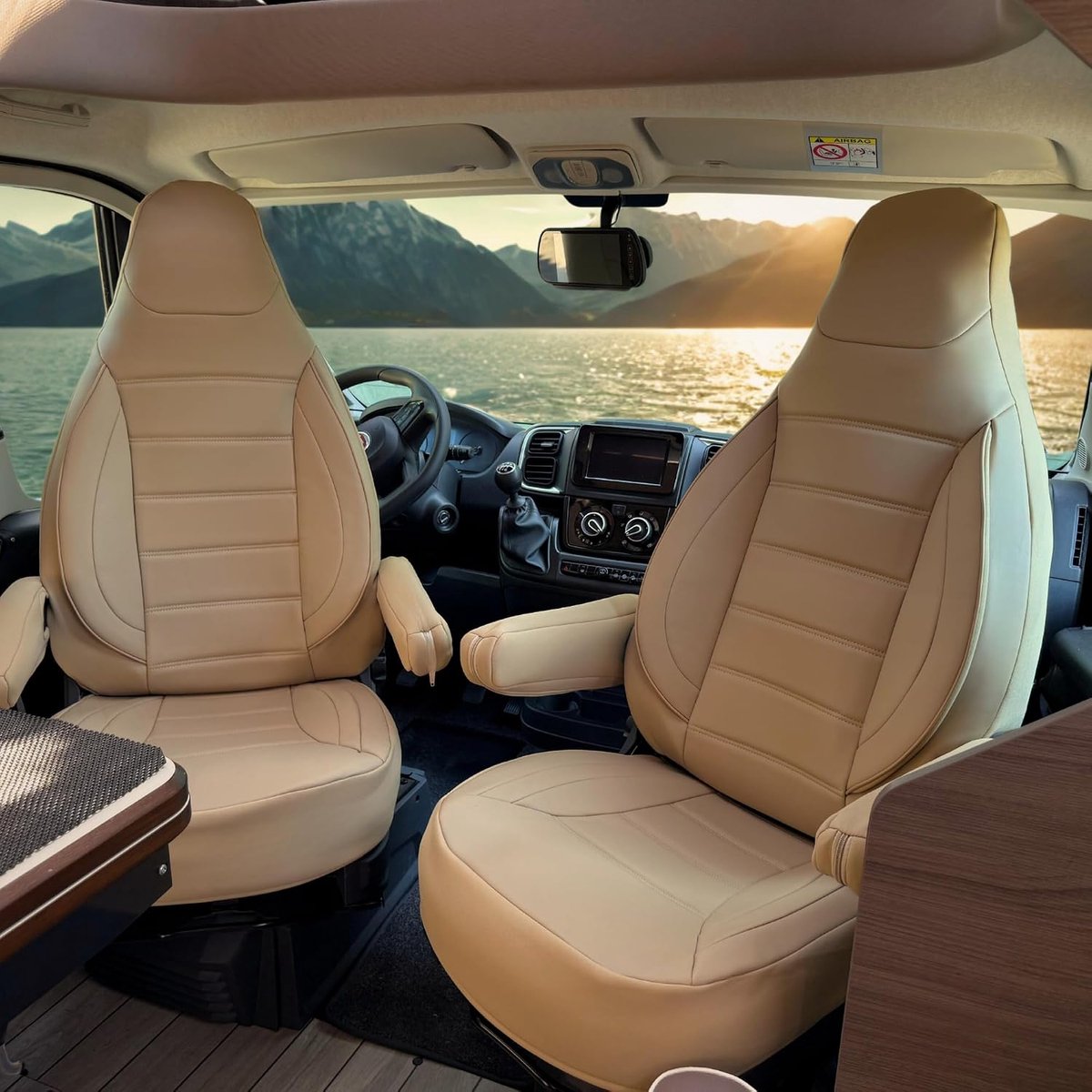 Stoelhoezen geschikt Compatibel FIAT Ducato Camper 2-delige set voor bestuurder & bijrijder met armleuninghoezen, compatibel met Pössl, Knaus, Adria, Carthago e.a. Beige