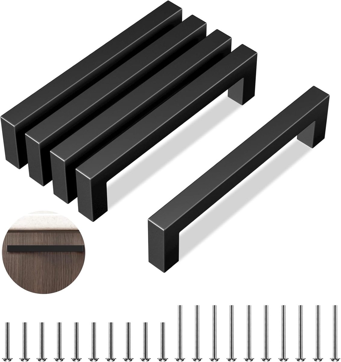 Roestvrijstalen meubelgrepen, zwart, handgrepen voor keukenkasten, 128 mm gatafstand, keukengrepen, met 20 schroeven, duurzame deurgrepen, zwart, voor meubels, keuken, laden, 5 stuks