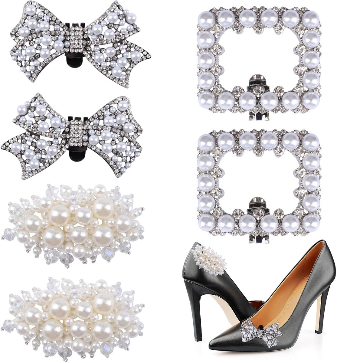 Schoenclips, 6 stuks 3 Stijl Kristallen Schoenklemmen Boog Vierkante Parel Decoratieve Afneembare Gespen Clips voor Vrouwen Bruids Bruiloft Feest Hoge Hakken Accessoires
