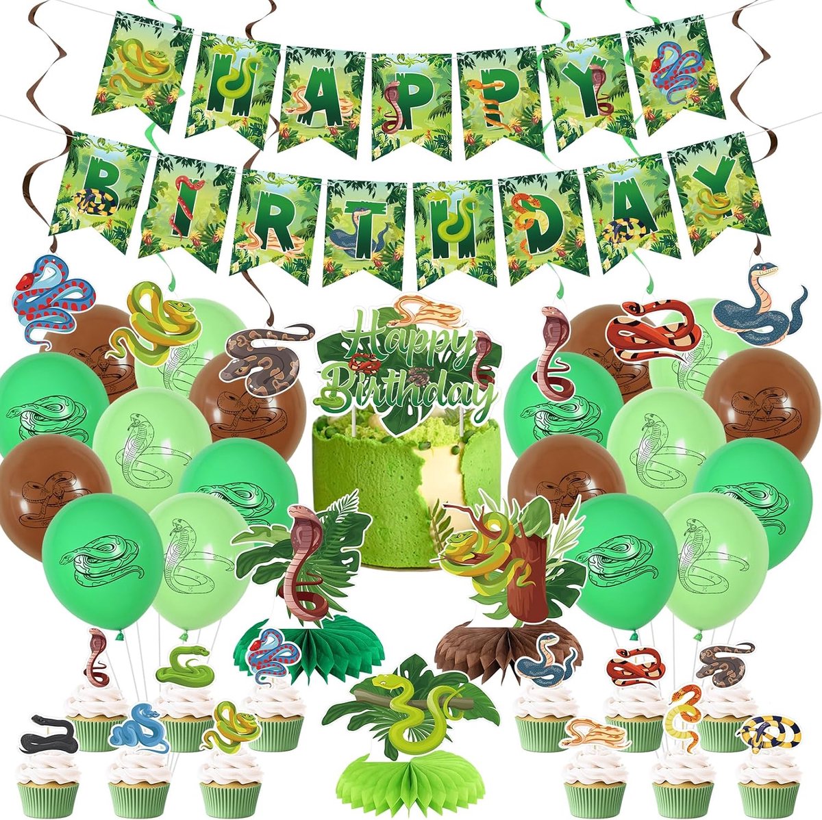 verjaardagsfeestdecoraties - slangenfeestartikelen inclusief Happy Birthday-banner, spiralen, taarttoppers, tafelcentrukken, ballonnen (LQ)