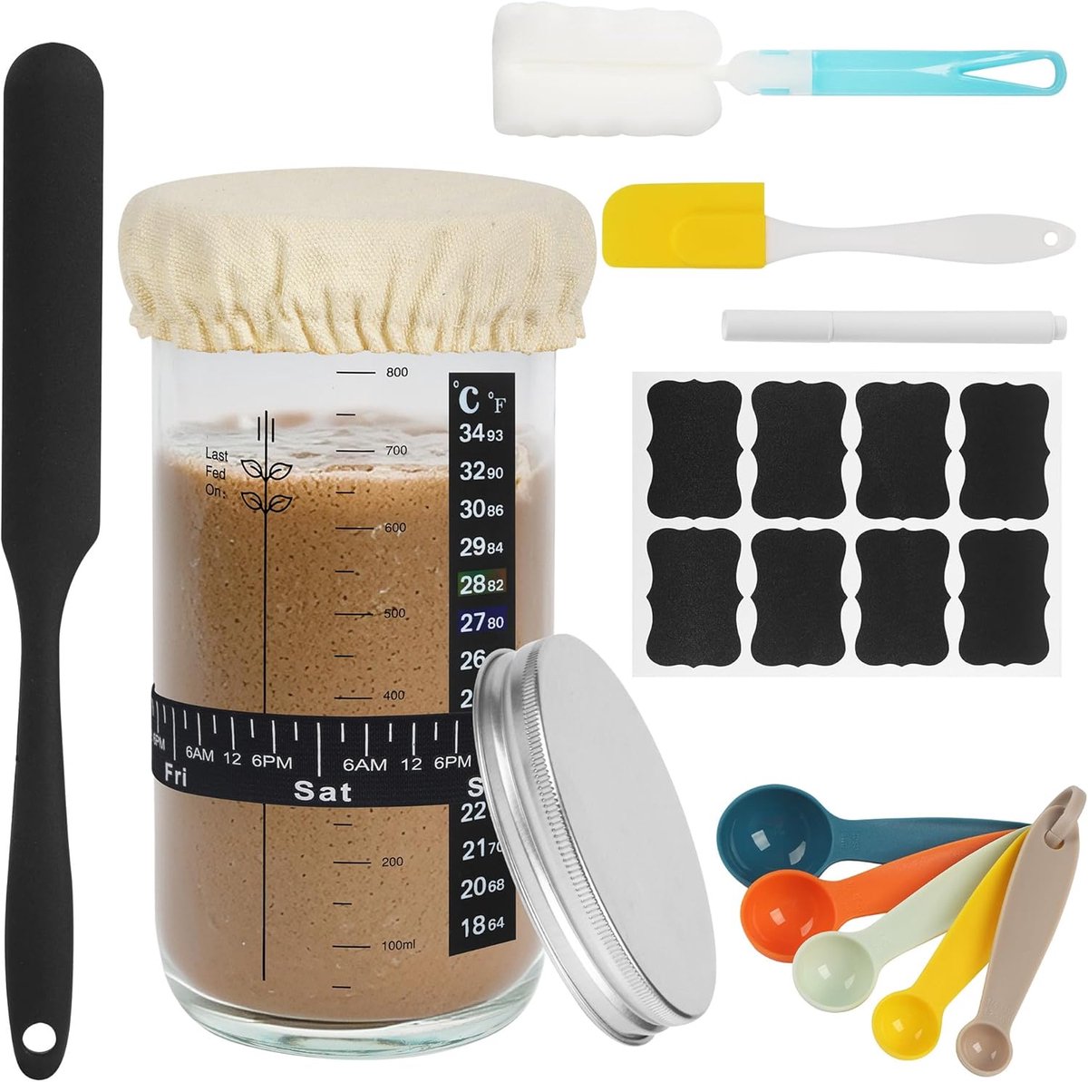 Starter Jar Kit, 1000 ML Zuurdesembrood-bakcontainer, Brood Fermentatie met Datum Gemarkeerde Voedingsband Thermometer Doek Cover & Metalen Deksel Herbruikbare Bakaccessoires