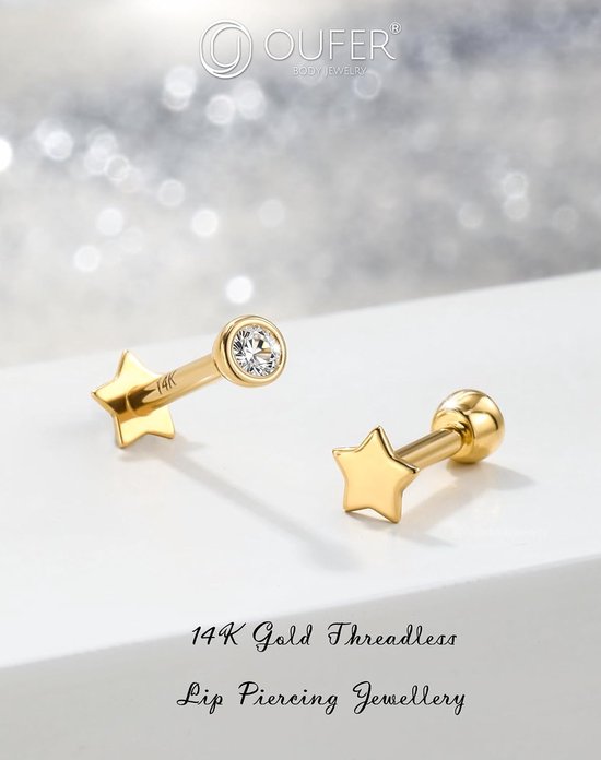 Body Piercing Helix Earrings 16G Push in Tragus Piercing Jewelllery 14K Gold Labret Piercing Stud Clear CZ Lip Piercing bar Threadless Conch Piercing Earring Jewellery — afbeelding 2