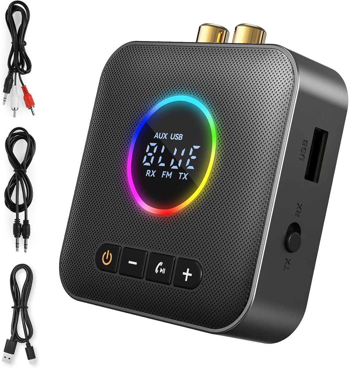 USB Bluetooth 5.4 HiFi ontvanger en zender adapter 2 in 1 | 3,5 mm jack- en cinch-uitgangen, met basmodus, voor stereo/luidspreker/telefoon/pc/tablet/laptop