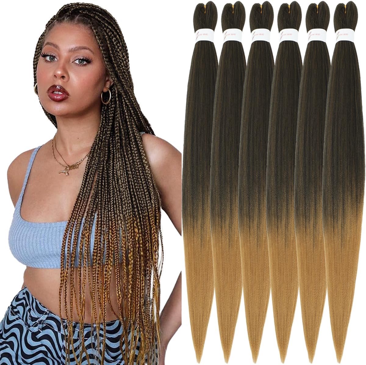 vlechthaar 30 inch(es) Ombre Black to Honey Blonde 6 Packs EZ Braids Extensions Hair Professioneel Zacht Yaki-textuur Knotless Kanekalon Synthetisch vezelhaar voor vlechten (1B/27#)