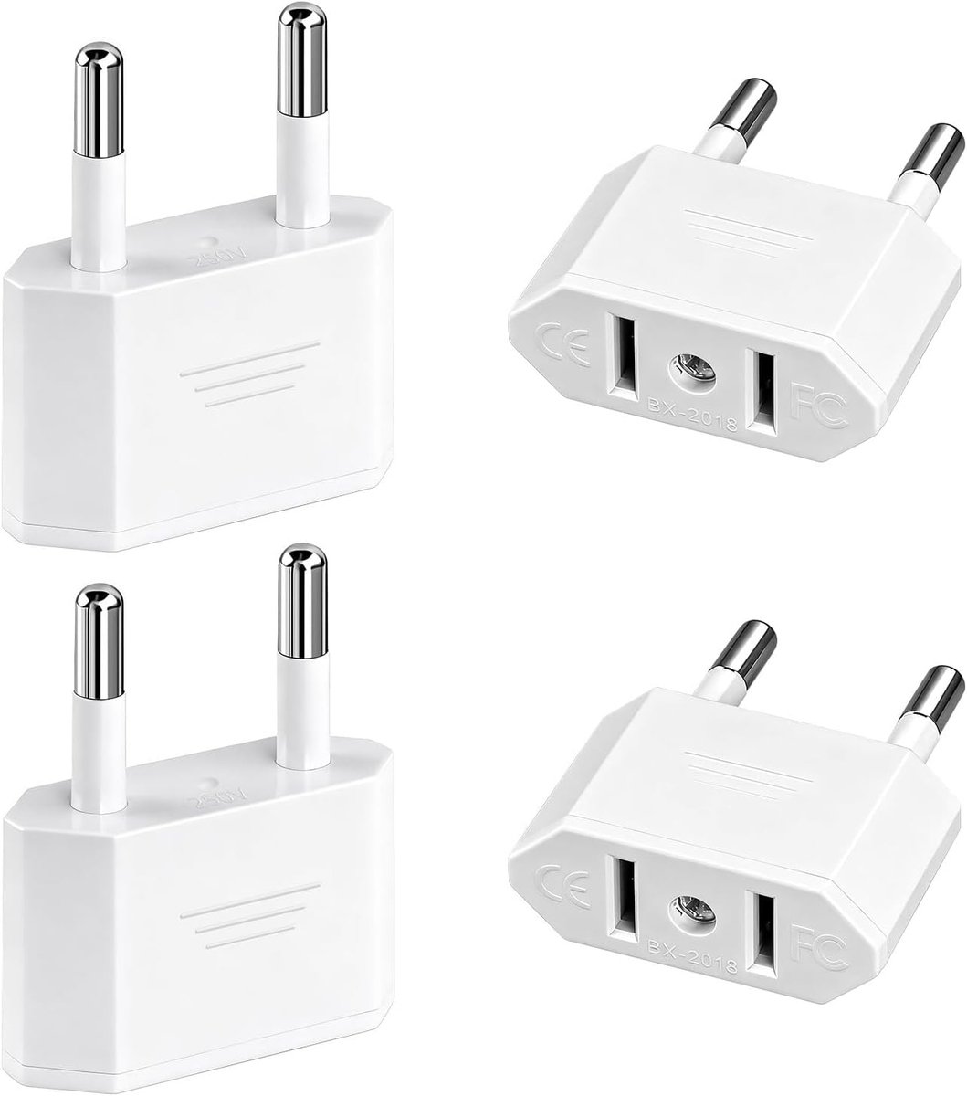 4 stuks US naar EU reisadapters, VS-stekker naar Duitsland/Europa 2-pins converter, compatibel met apparaten met Amerikaanse voeding voor Amerika, Canada, Mexico, Spanje, Egypte