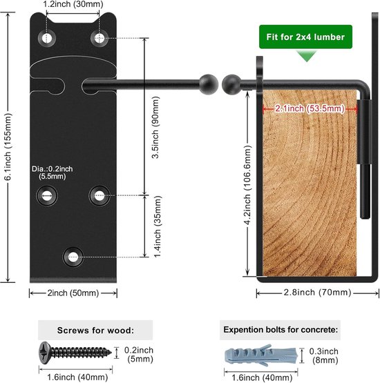 2x4 Door Barricade Brackets, Heavy Duty Door Security Bar Brackets with Locking Design, U-Shaped Bar Holder Bracket Fits 2 x 4 Lumber for Home, Garage, Gate to Security Door Reinforce, 2Pcs — afbeelding 3