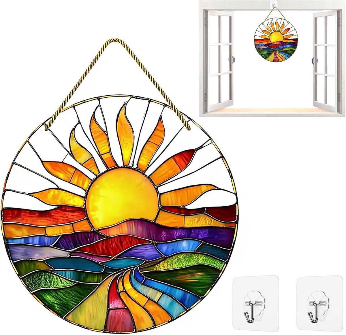 Kleurvanger met 2 Haken – Raam Suncatcher 20x20 cm met Touw – Decoratieve Zonnevanger met Glaslook voor Binnen & Buiten