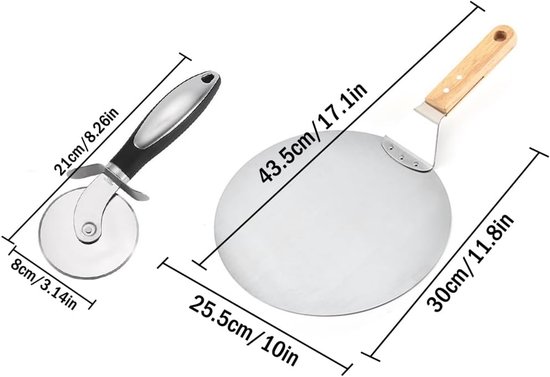 1 stuk pizza- en taartschep met houten handvat, pizzaschep met houten handvat, pizzaschep van rond roestvrij staal, met pizzames van roestvrij staal (zilver) — afbeelding 2
