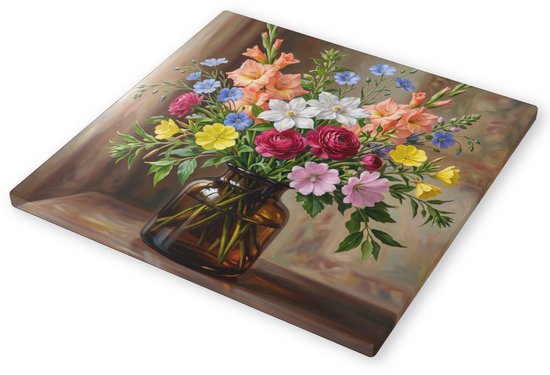 Canvas Schilderij Veldboeket in Glazen Vaas Kleurrijke Zomerbloemen met Gladiolen en Ranonkels Landelijke Kunst Wanddecoratie Woonkamer 60x60 cm