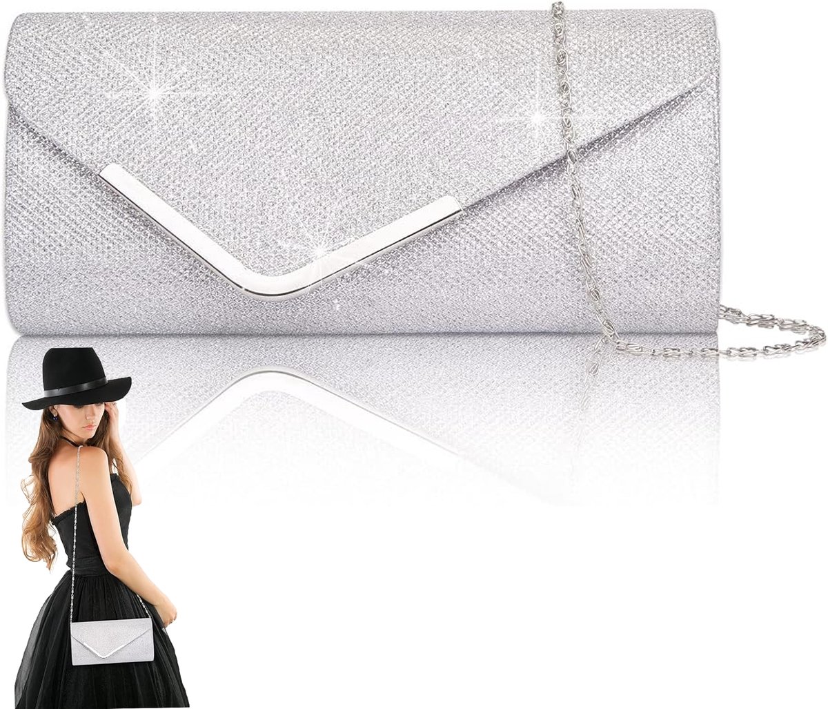 KZQ Glinsterende sequin envelop clutch voor dames - Avondtas met afneembare ketting - Perfect voor bruiloft feest gala en banket - Zilver