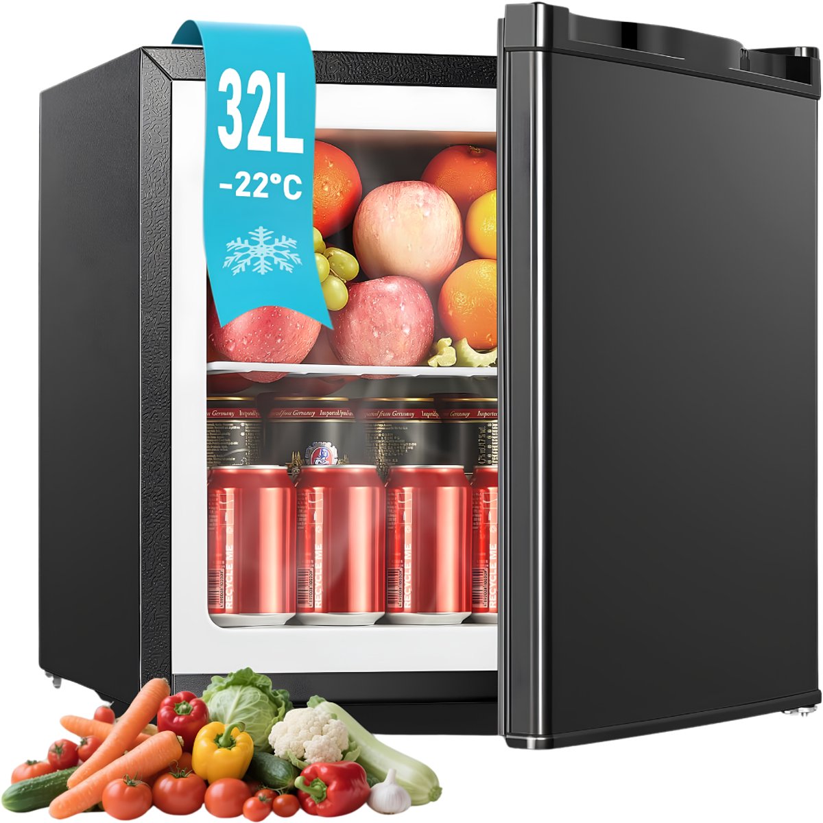 Lìon® Mini Vriezer - 32L Minivriezer - Kleine Compacte Vriezer - Zwart - 47cm x 45cm x 50cm