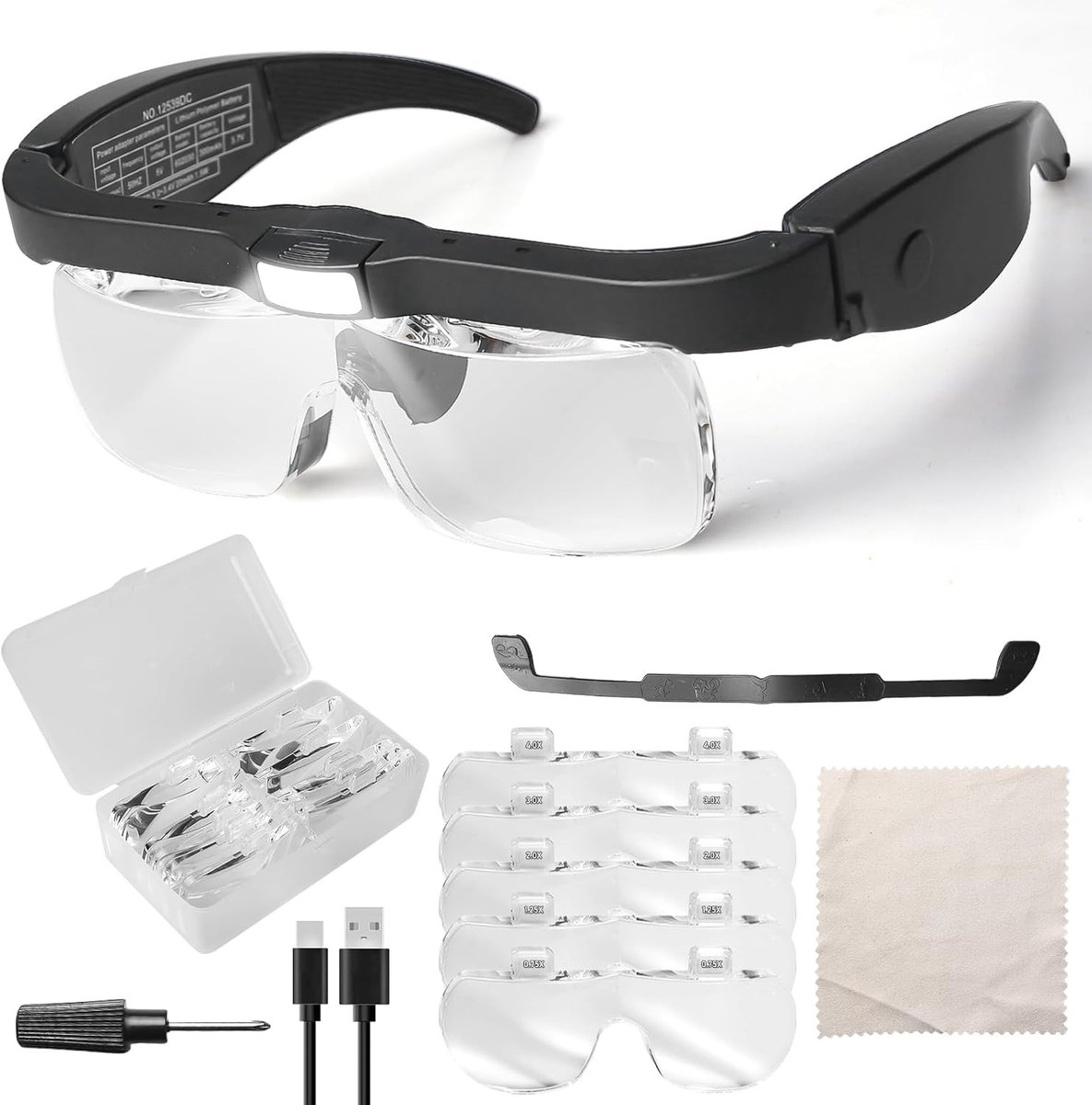 Vergrootglazen met LED-verlichting - Wit - 150 x 160 x 18 mm - Oplaadbare Loepbril met Verwisselbare Lenzen - Voor Hobbymatigen en Senior