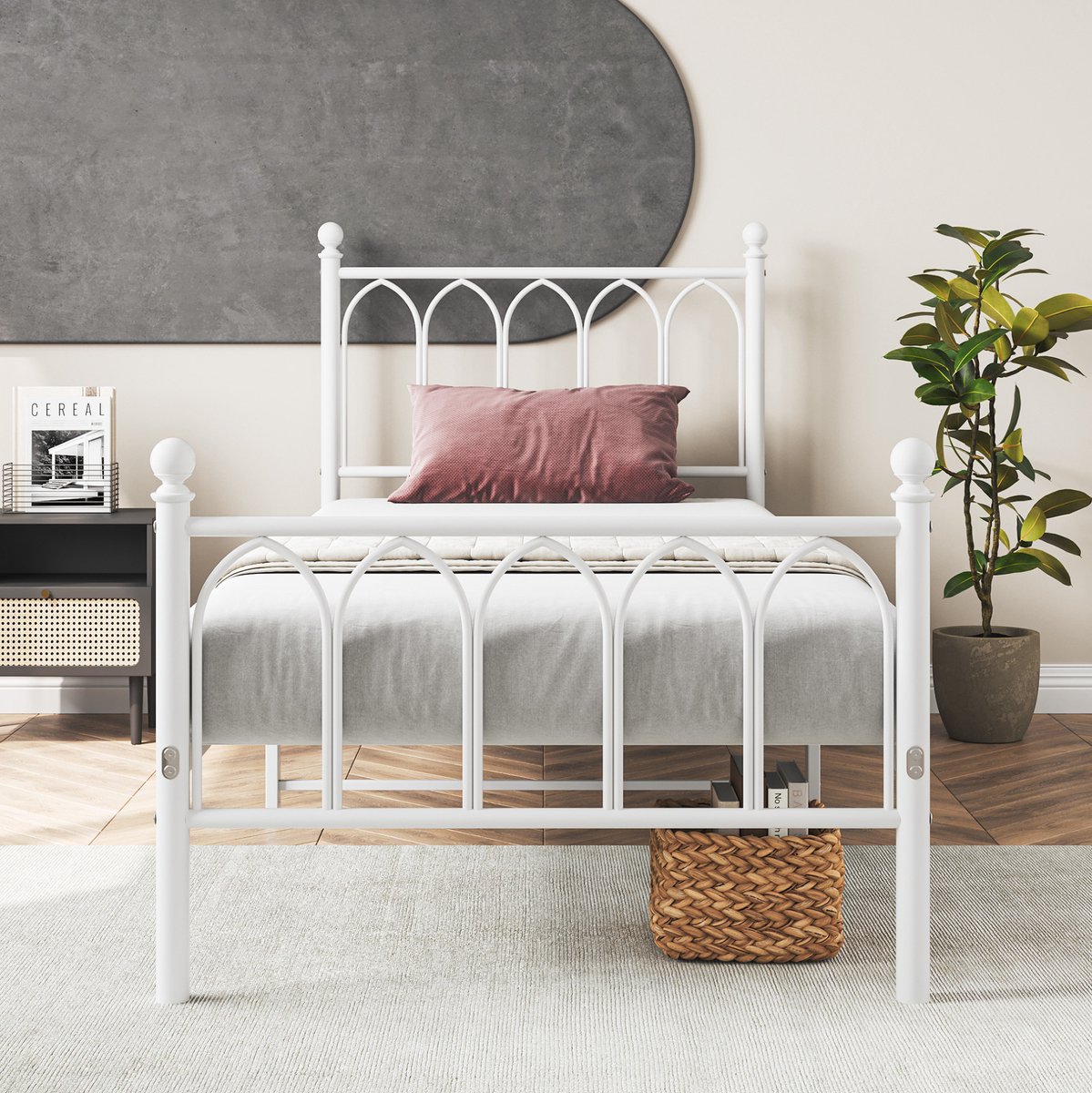 COVREO Bed 90x200 cm wit metaal, met hoog hoofdbord en opbergruimte