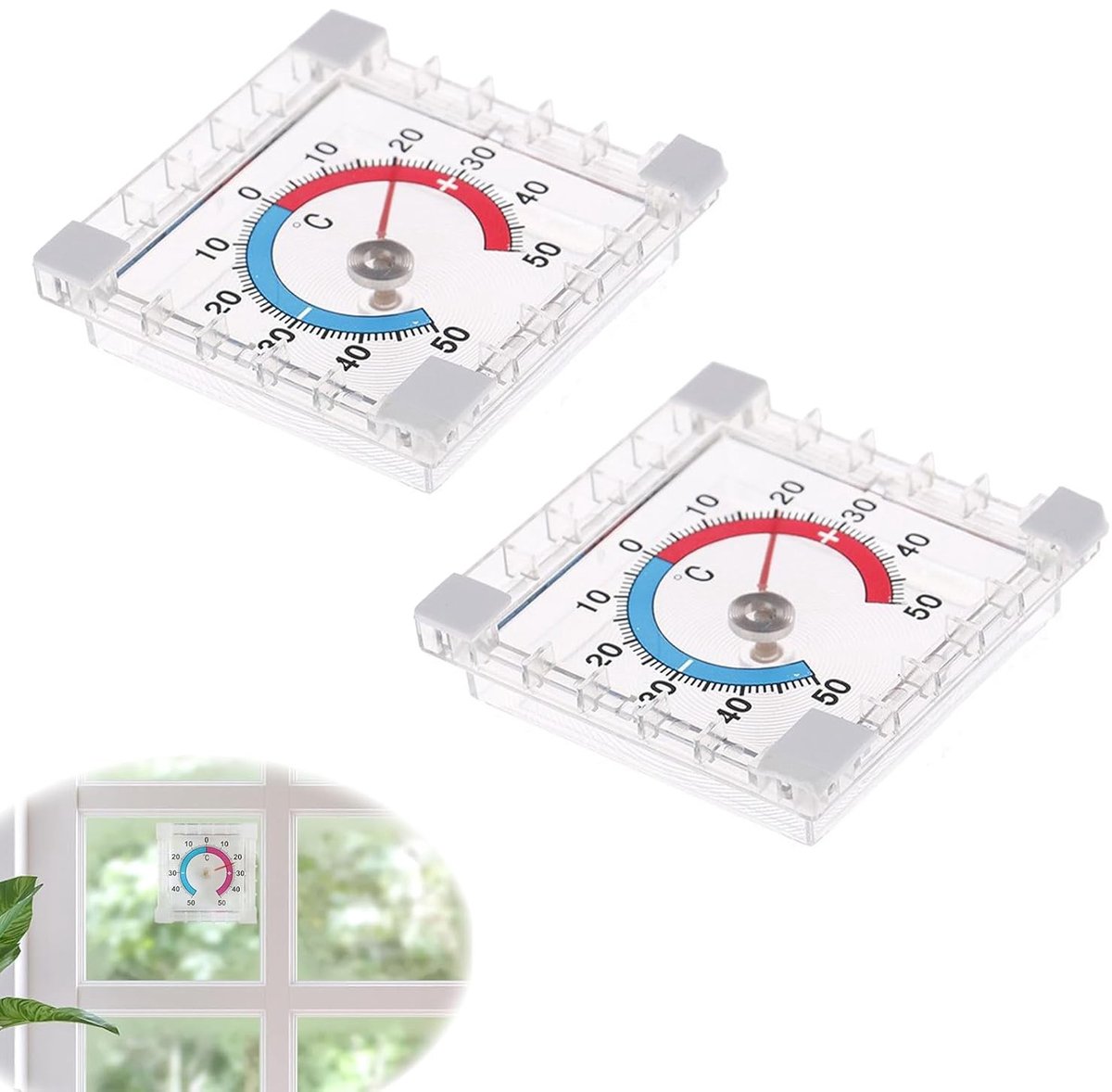 Set van 2 Buitenthermometers - Transparant - 7,5 x 7,5 x 2,5 cm - Weerbestendig en Nauwkeurige Temperatuurmeting - Voor Buitengebruik