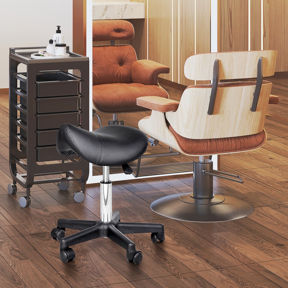 COVREO Hocker 35x38x55 cm zwart kunstleer, hoogteverstelbaar met wielen
