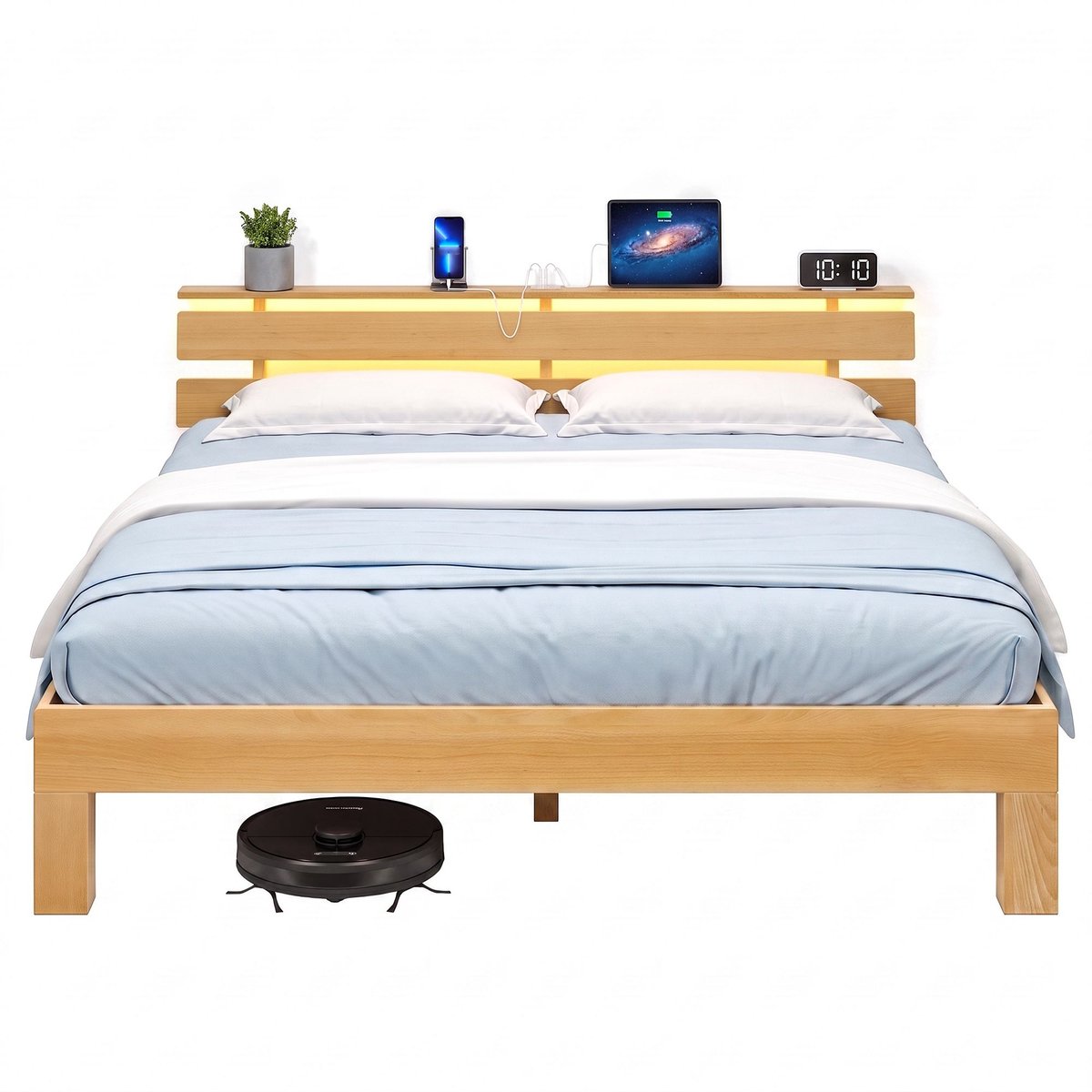 Bedframe – Met LED-verlichting – Met USB-aansluiting – Naturel – 160 x 200 cm