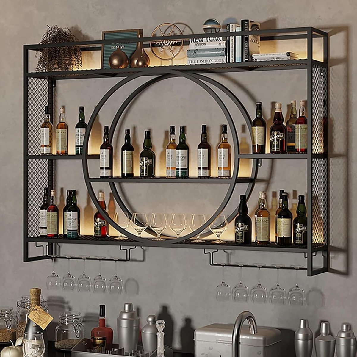 Wijnrek voor Wandmontage - Zwart - 100 x 15 x 80 cm - Multifunctioneel IJzeren Flessenrek - Voor Wijnliefhebbers