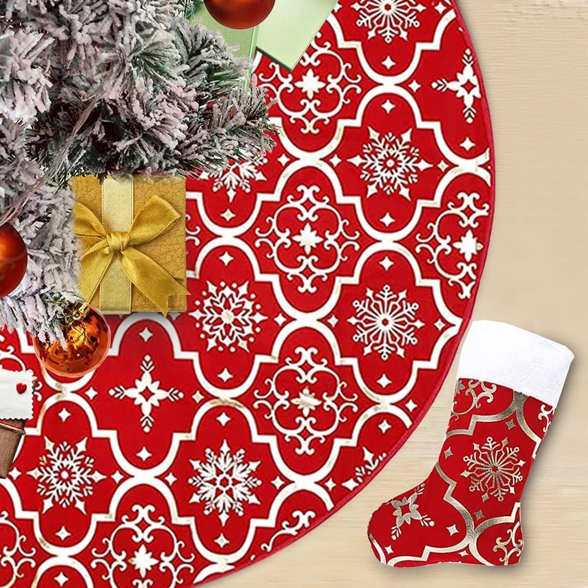 Kerstboomdeken - Rood - 122 cm - Pluche met Gouden Rand - Voor de Kerstdecoratie
