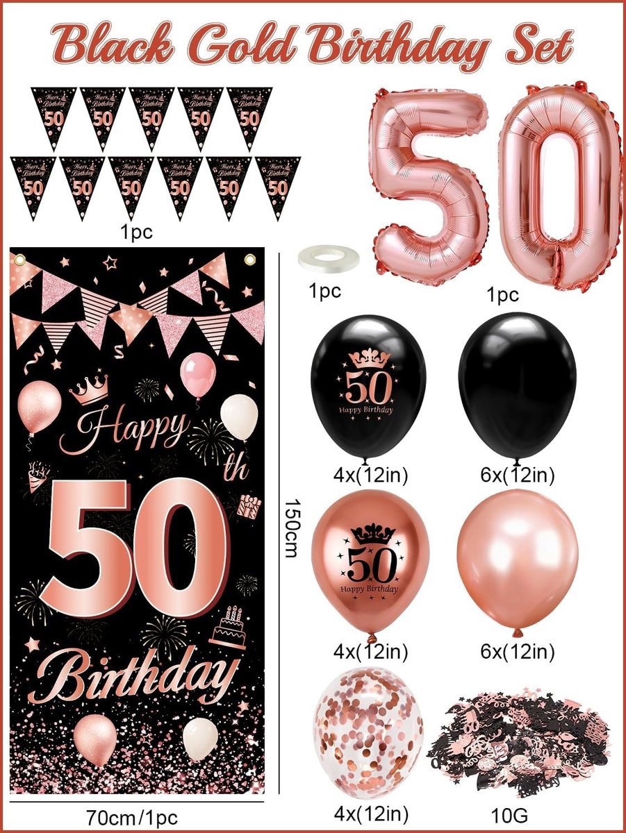 Decoratieset voor de 50e Verjaardag - Zwart en Roségoud - 50 Jaar - Ballonnen en Banners - Voor Dames