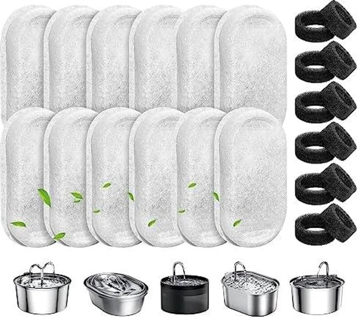 Filterpatronen Geschikt voor drinkfonteinen Geschikt voor katten en honden, 24 vervangingspatronen waaronder 12 actieve koolpatronen en 12 sponspatronen, Geschikt voor roestvrijstalen drinkfonteinen van 2L/3,2L/4L.