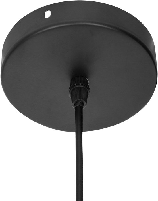 Zwarte ronde plafondkap van een hanglamp met een zwarte kabel