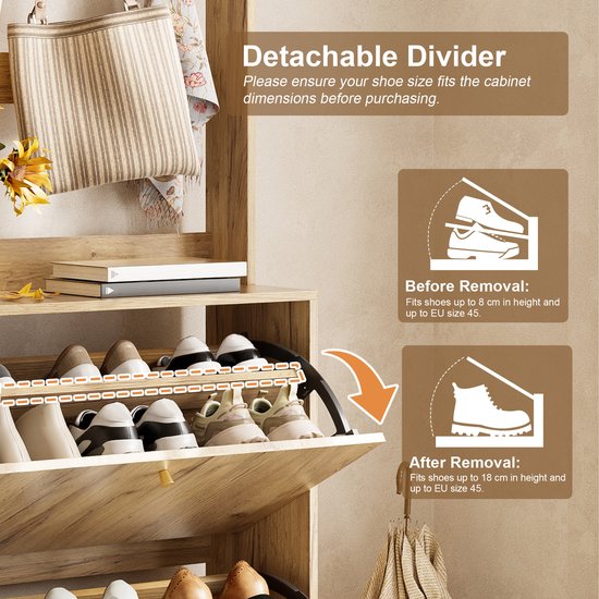 Moderne Schoenenkast Met Haken - 3 Klapbare Opbergvakken - Voor Hal En Gang - Houtkleur En Zwart - 75x24x180 Cm — afbeelding 2