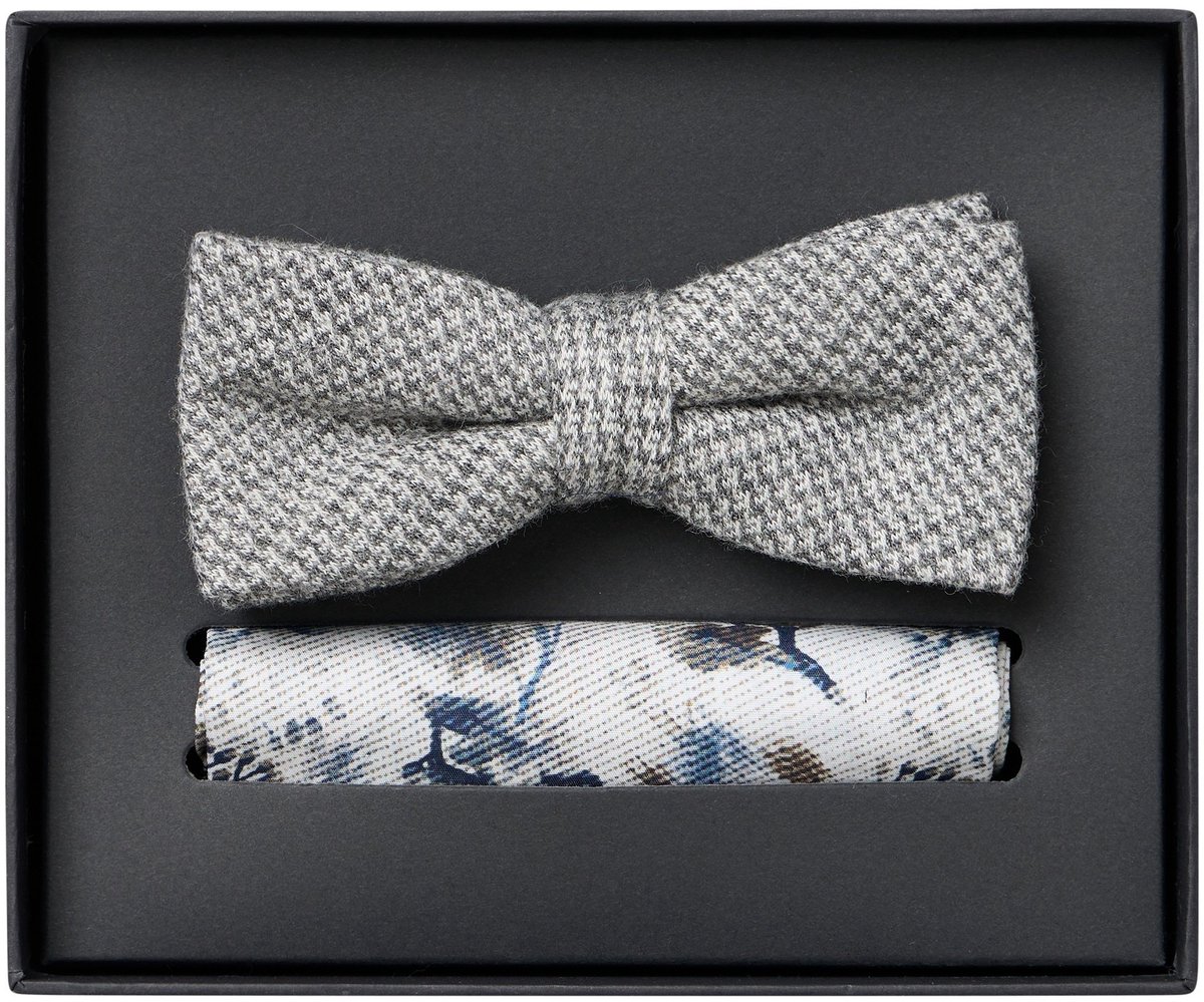 VENTI set met vlinderdas en pochet - grijs - wit - blauw - bruin dessin