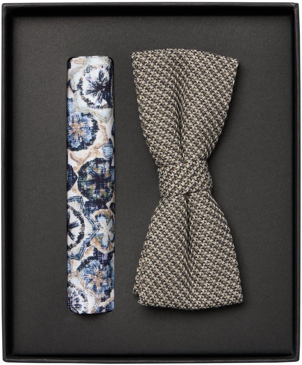 VENTI set met vlinderdas en pochet - beige met blauw en wit dessin
