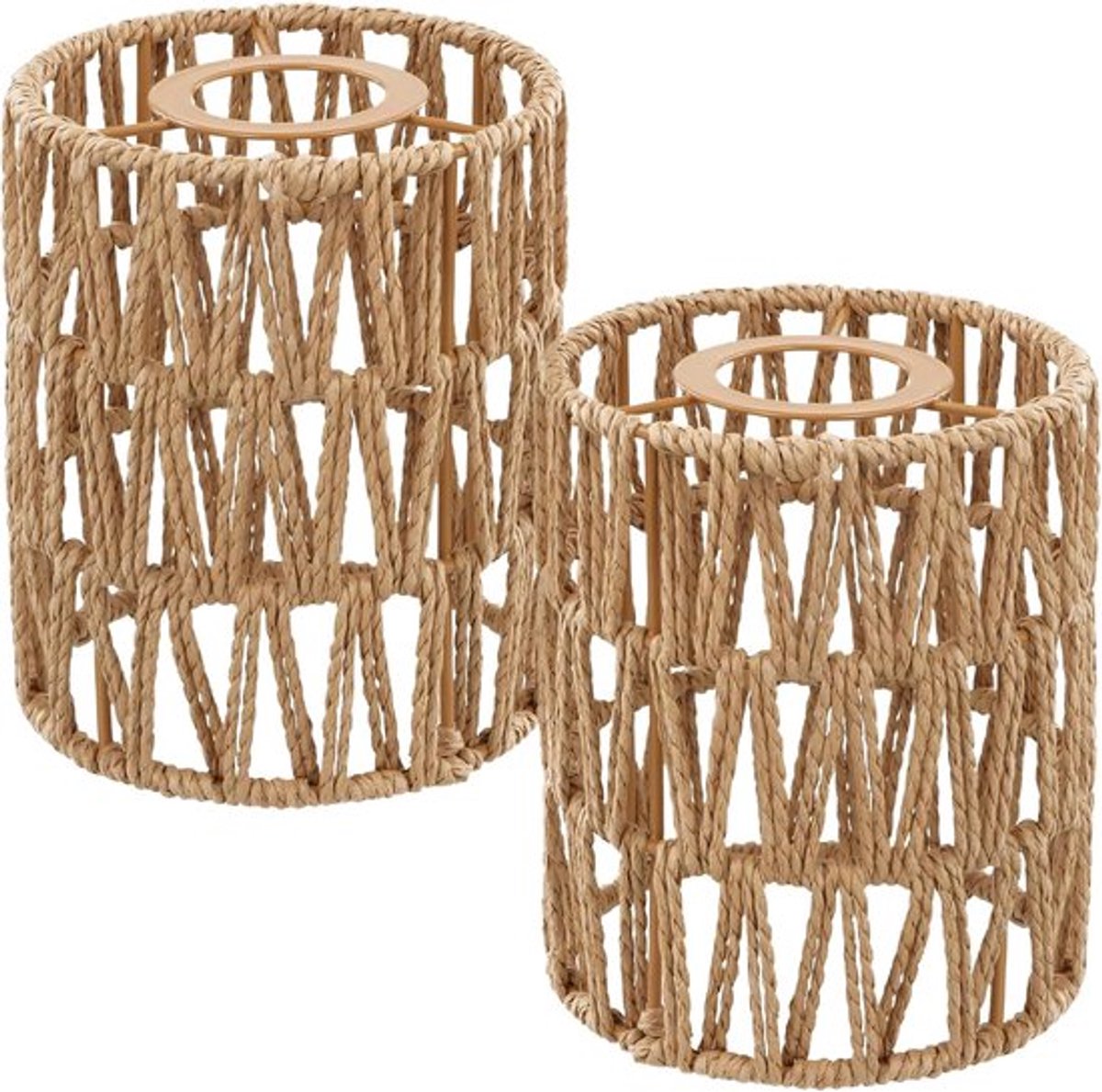 Boho Rieten Lampenkap - 2 Stuks Bruine Lampenkappen - Tafel- en Hanglamp Accessoire voor Plafondlamp, Vloerlamp - H 15 cm, Diameter 12 cm (2 Stuks)