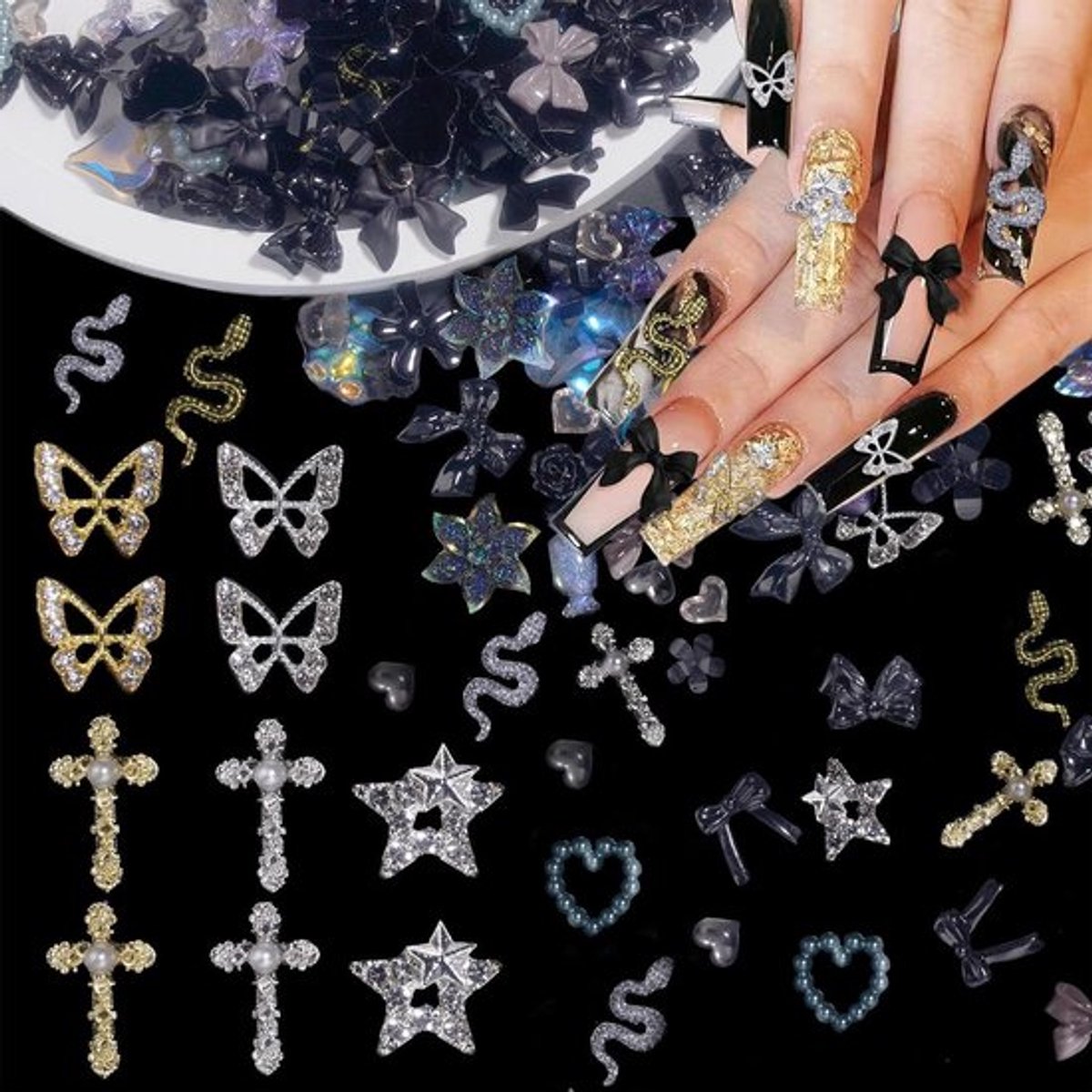 100 stuks kruisslinder planeet ster 3D zwarte bloem strik decoratie nagels hart verschillende kunst