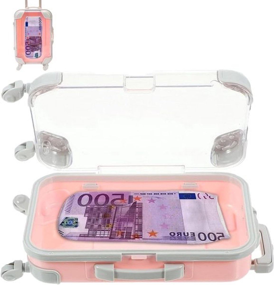 Geldkoffer als geldcadeau - Aluminium mini-koffer - Geschenkdoos met 500 euro print - Creatieve geschenkdoos voor geld en waardebonnen - Cadeau voor bruiloften en reizen - Voor kinderen - Roze - 75 karakters.