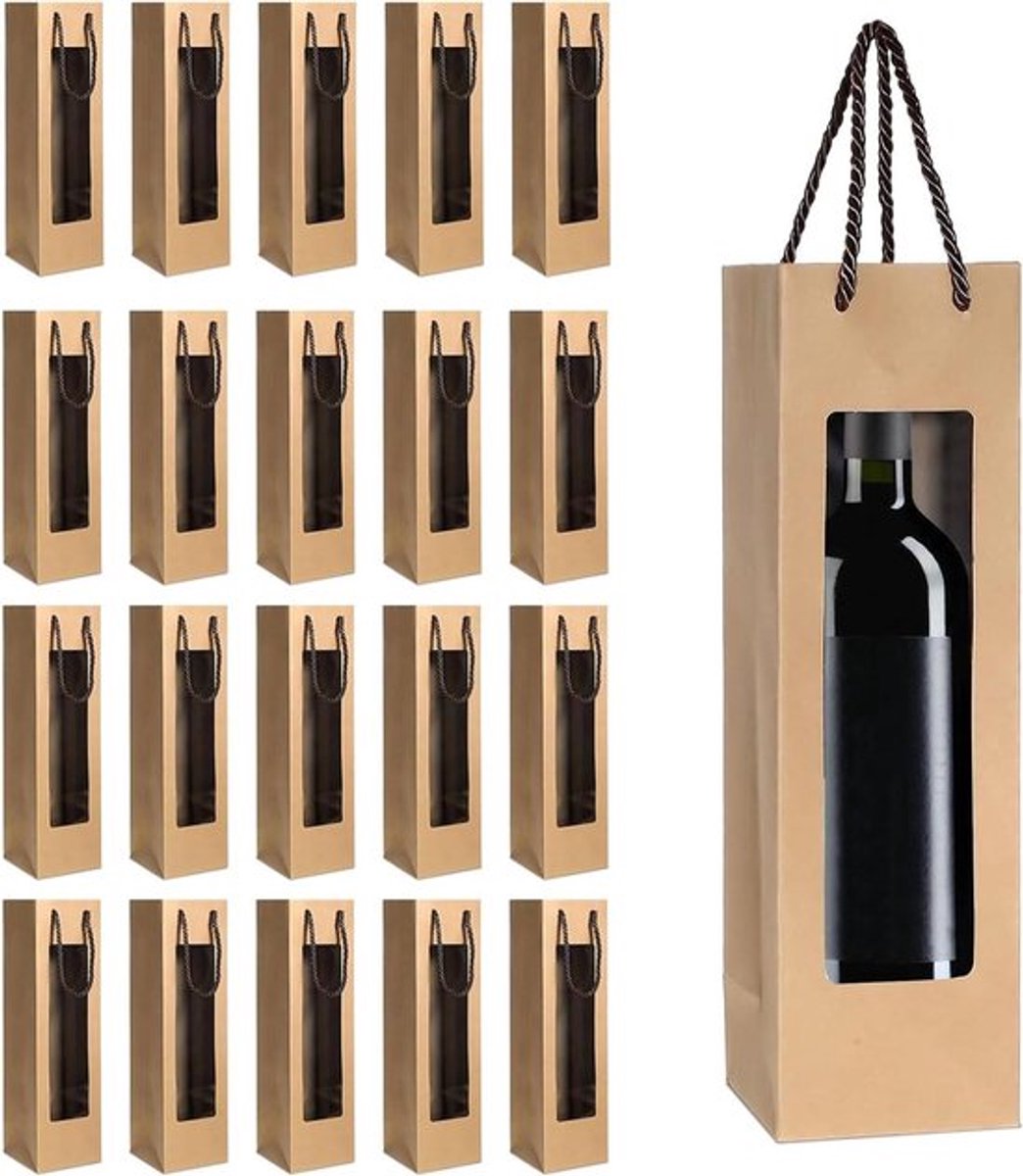 Wijngeschenkzakje met venster en handgrepen - herbruikbare bloemenfleszak voor bruiloft, Kerstmis, feest - bruin - geschenkverpakking.