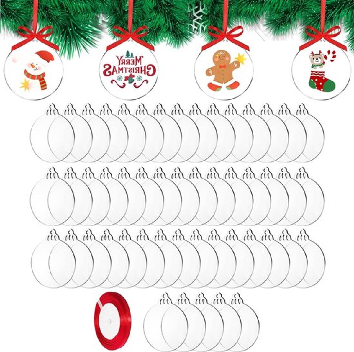 Set van 50 Transparante Acryl Kerstballen met Lint, Platte Ballen voor Creatieve Projecten en Kerstboomdecoratie, 7.5 x 7.5 cm, Perfect voor DIY en Feestelijke Versieringen