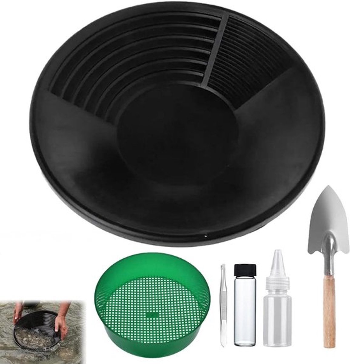 Efficiënte Goudwas Set met Plastic Wasbak en Zeef, Draagbare Goudwasser voor Buiten, Diameter 38 cm, Ideaal voor Goudzoekers en Hobbyisten