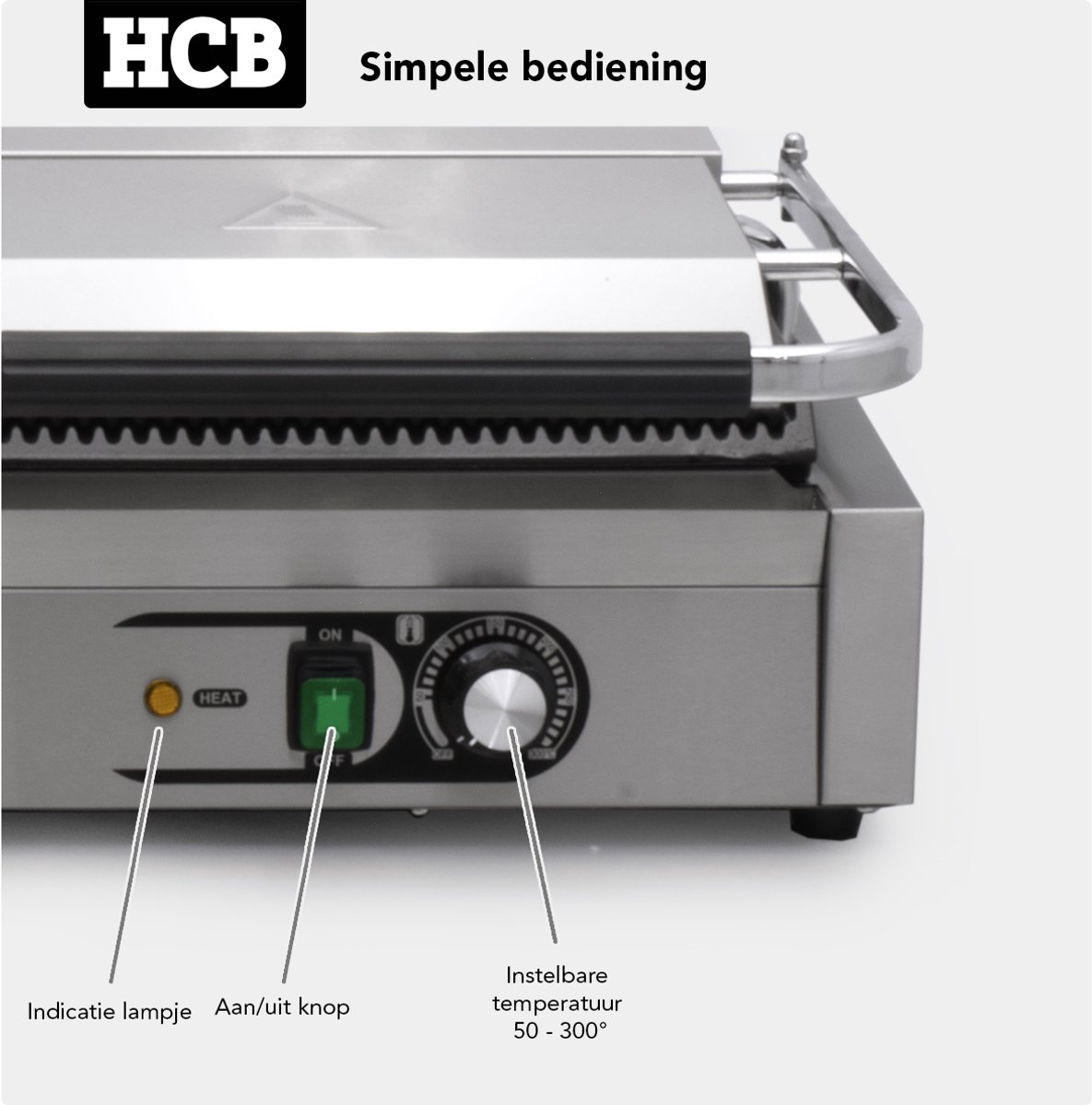 HCB® - Professionele Horeca Paninigrill - dubbel - geribbeld - 2 x 230V - RVS / INOX panini grill - Tosti apparaat - contact grill - 30.5x84.5x20 cm (DxBxH) - 20 kg - 6848 thumbnail 6